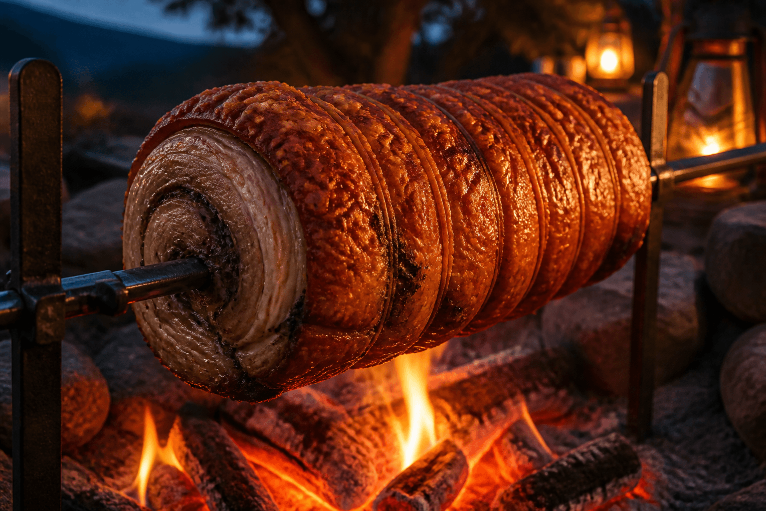 Porchetta på spid over bålgløder med sprød svær og urter