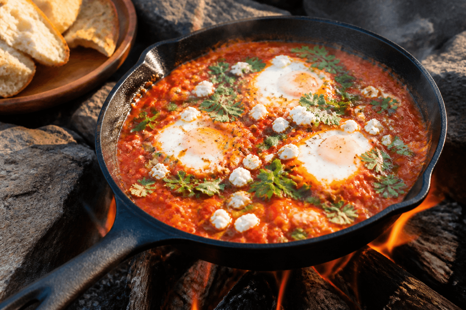 Shakshuka med æg i boblende tomatsauce i støbejernspande over bål