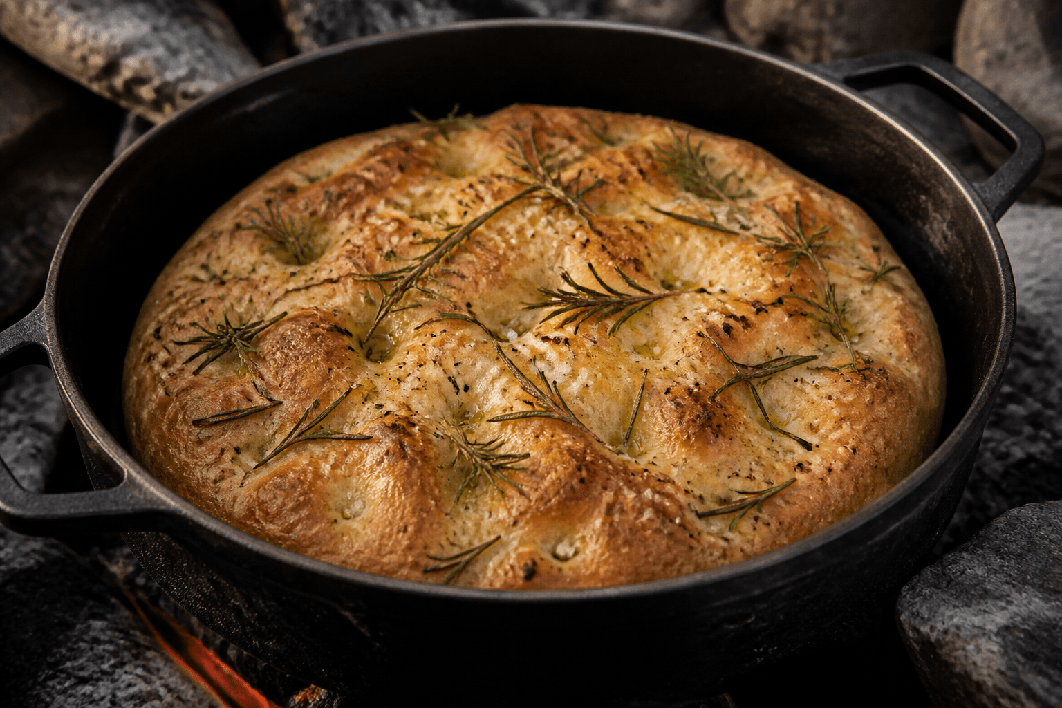 Focaccia med rosmarin og saltflager bagt i støbejernsgryde over bål