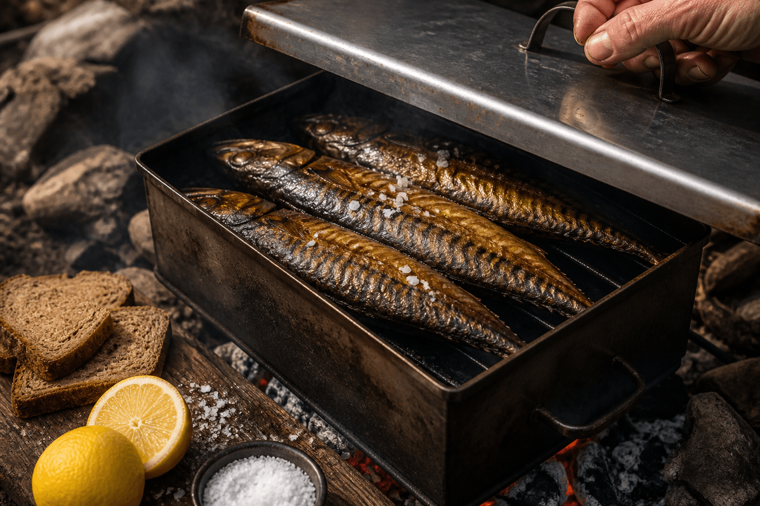 Varmrøget makrel fra stålform over bål med groft salt og citron