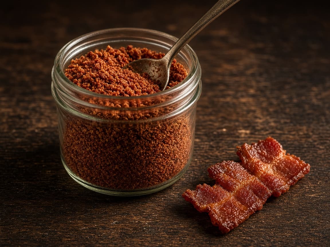 Et glas med fint bacon-pulver og en skive sprødt bacon