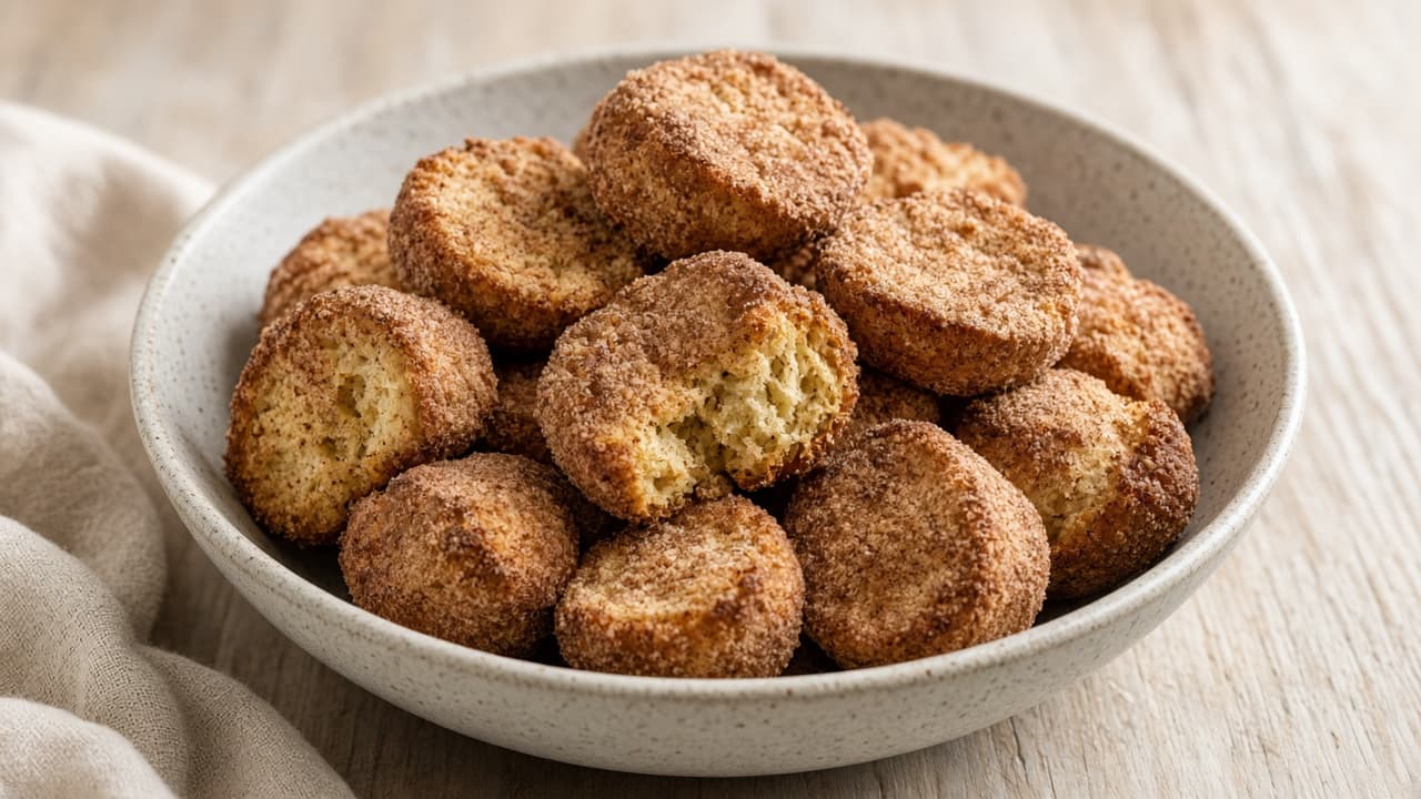 Dehydrerede æbleskiver vendt i kanelsukker som snack