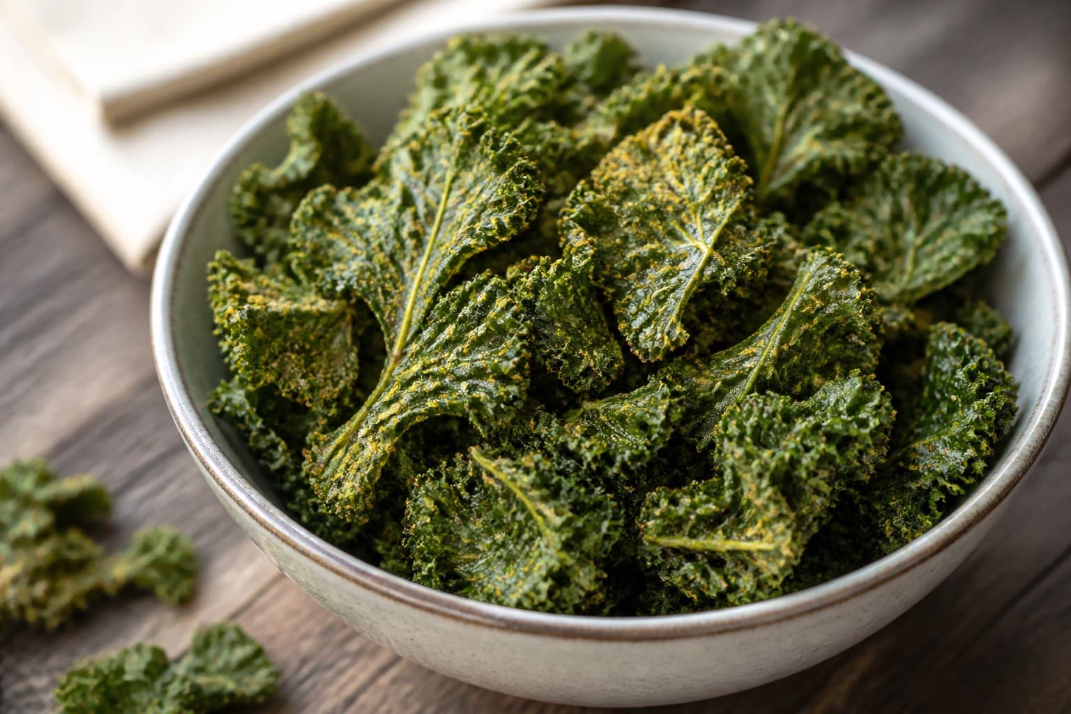 Sprøde grønkålschips med gærflager fra dehydrator