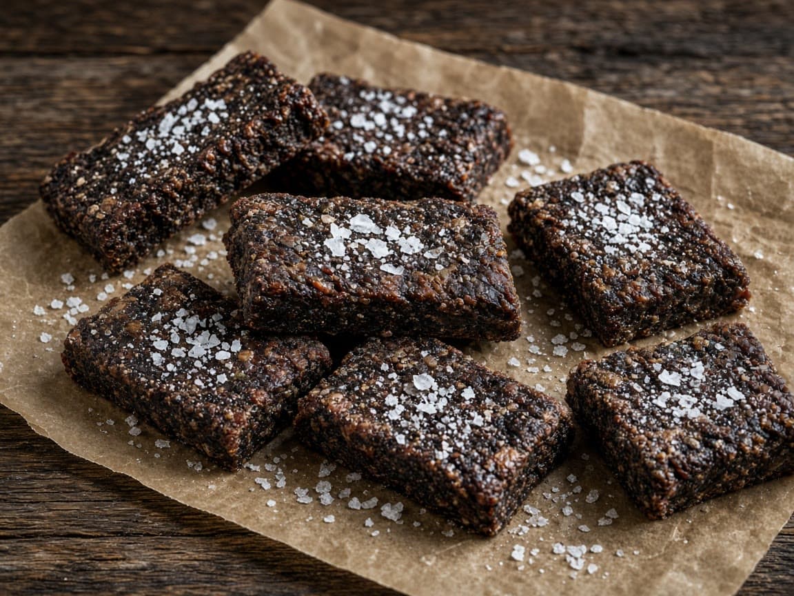 Pemmican-barer af tørret oksekød og nyrefedt med flagesalt