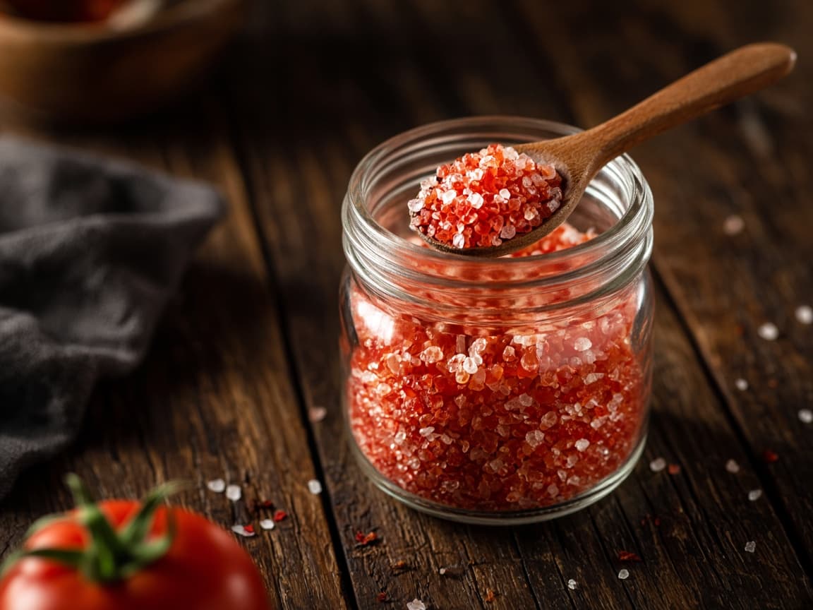 Rødt tomatsalt i et glas med en træske