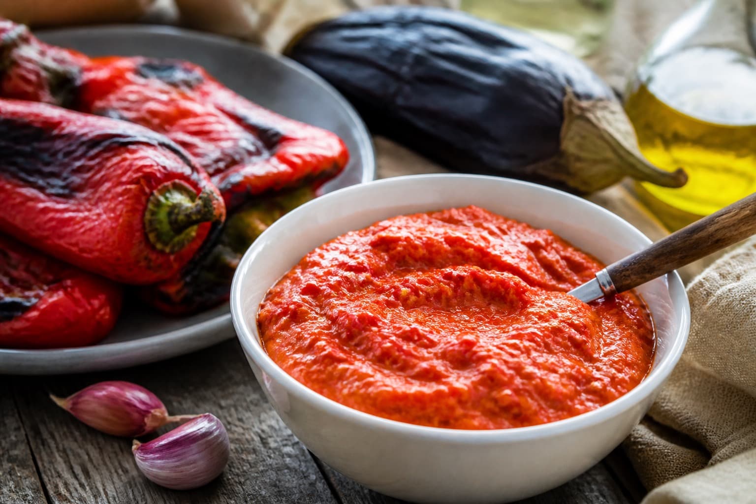Skål med rød ajvar ved siden af grillede peberfrugter
