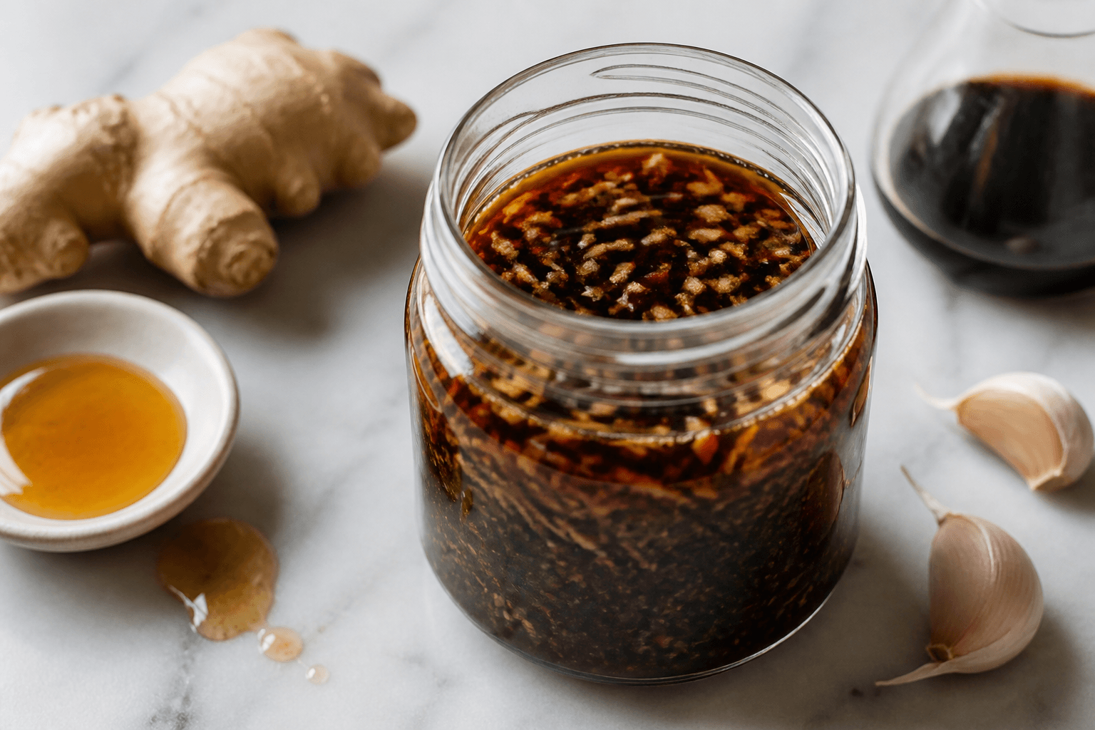 Glas med soya-ingefær-marinade, reven ingefær og honning