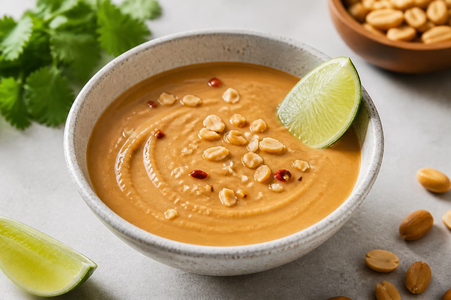 Skål med cremet peanutbutter-dressing og lime