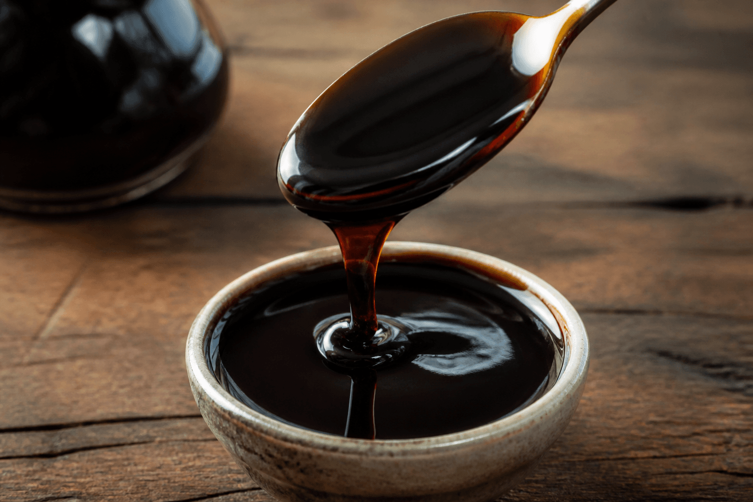 Tykt, blank balsamicoglaze dryppet på ske