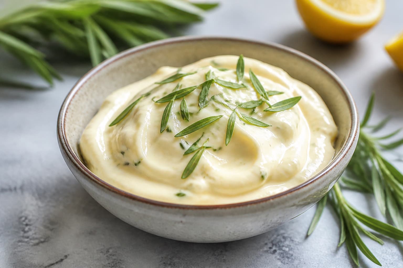 Skål med béarnaise-mayo toppet med frisk estragon
