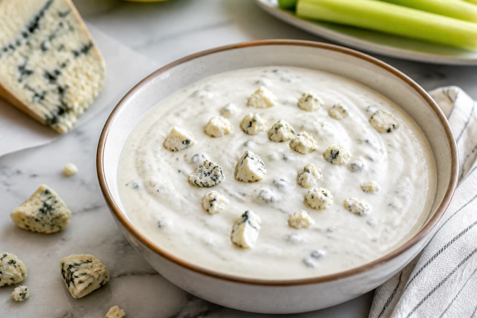 Skål med blue cheese dressing med ostekrummer