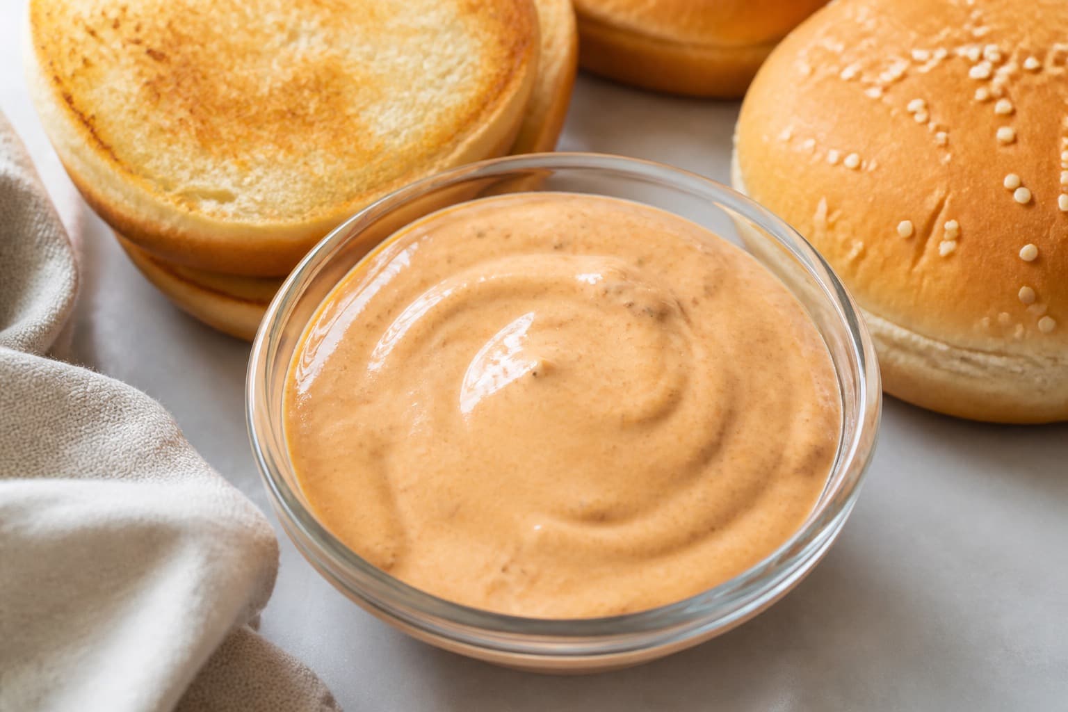 Skål med burgersauce ved siden af burgerboller