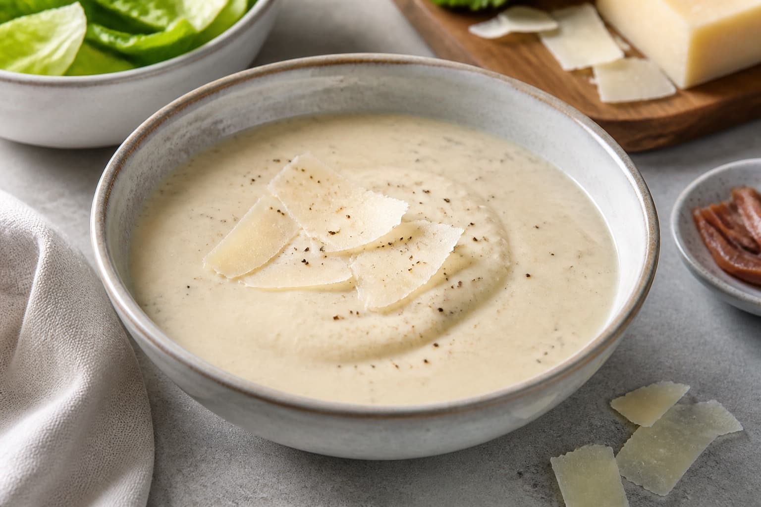 Skål med cæsar-dressing og parmesanflager