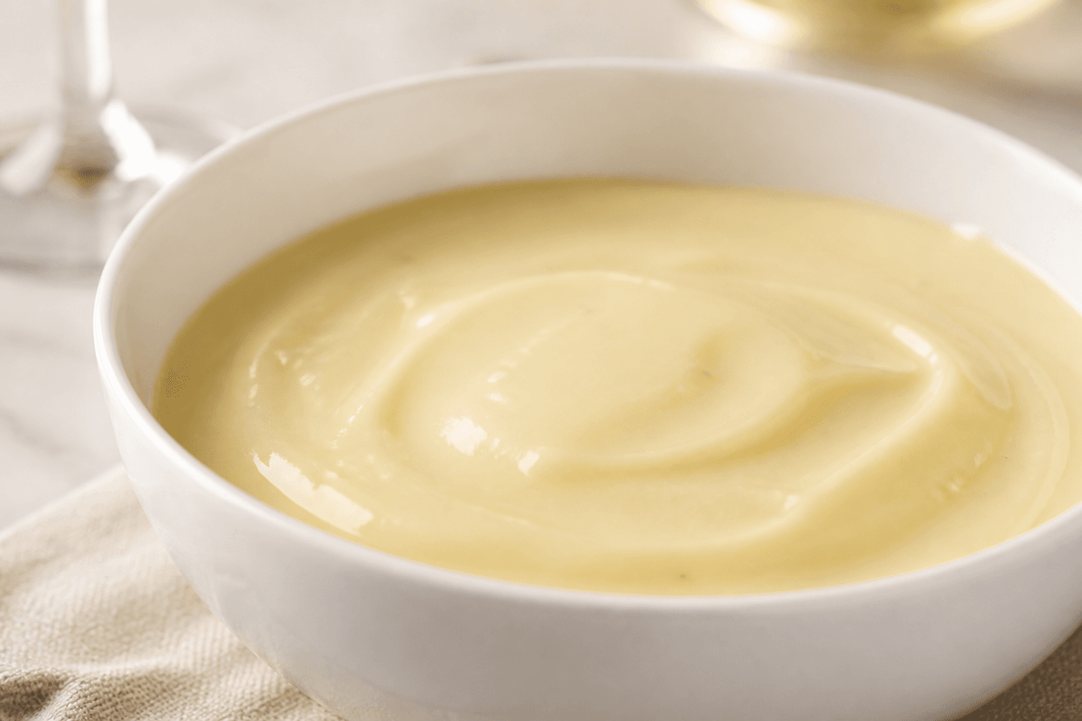 Lys, cremet champagnesauce i elegant skål