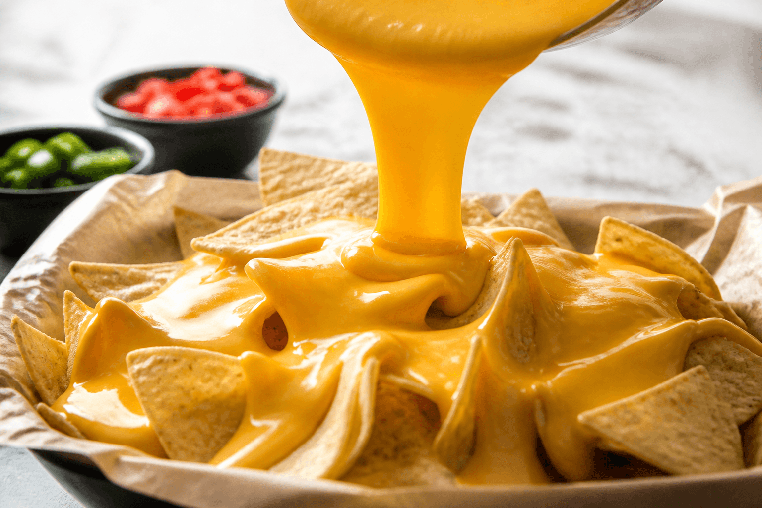 Flydende cheddar-ostesovs hældt over nachos
