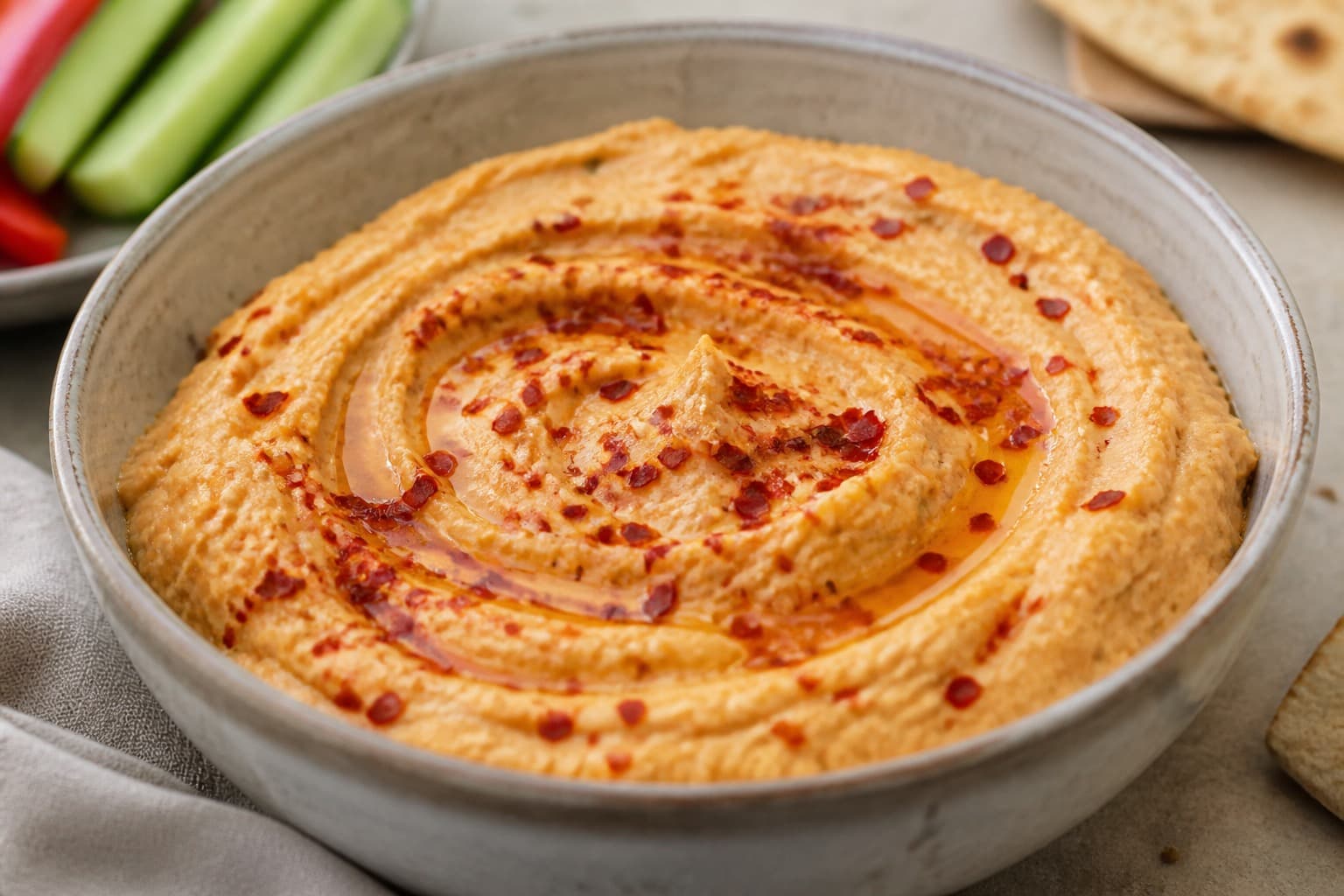 Skål med chili-hummus toppet med chiliflager og olie