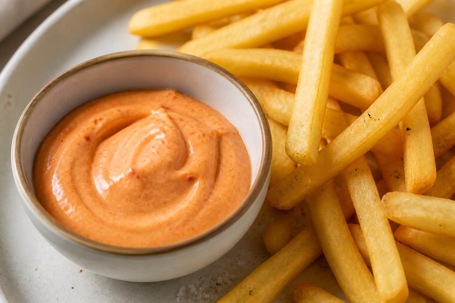 Skål med rødlig chilimayo ved siden af fritter