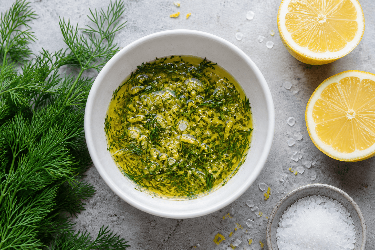 Skål med citron-dild-olie, citronskal og dildkviste