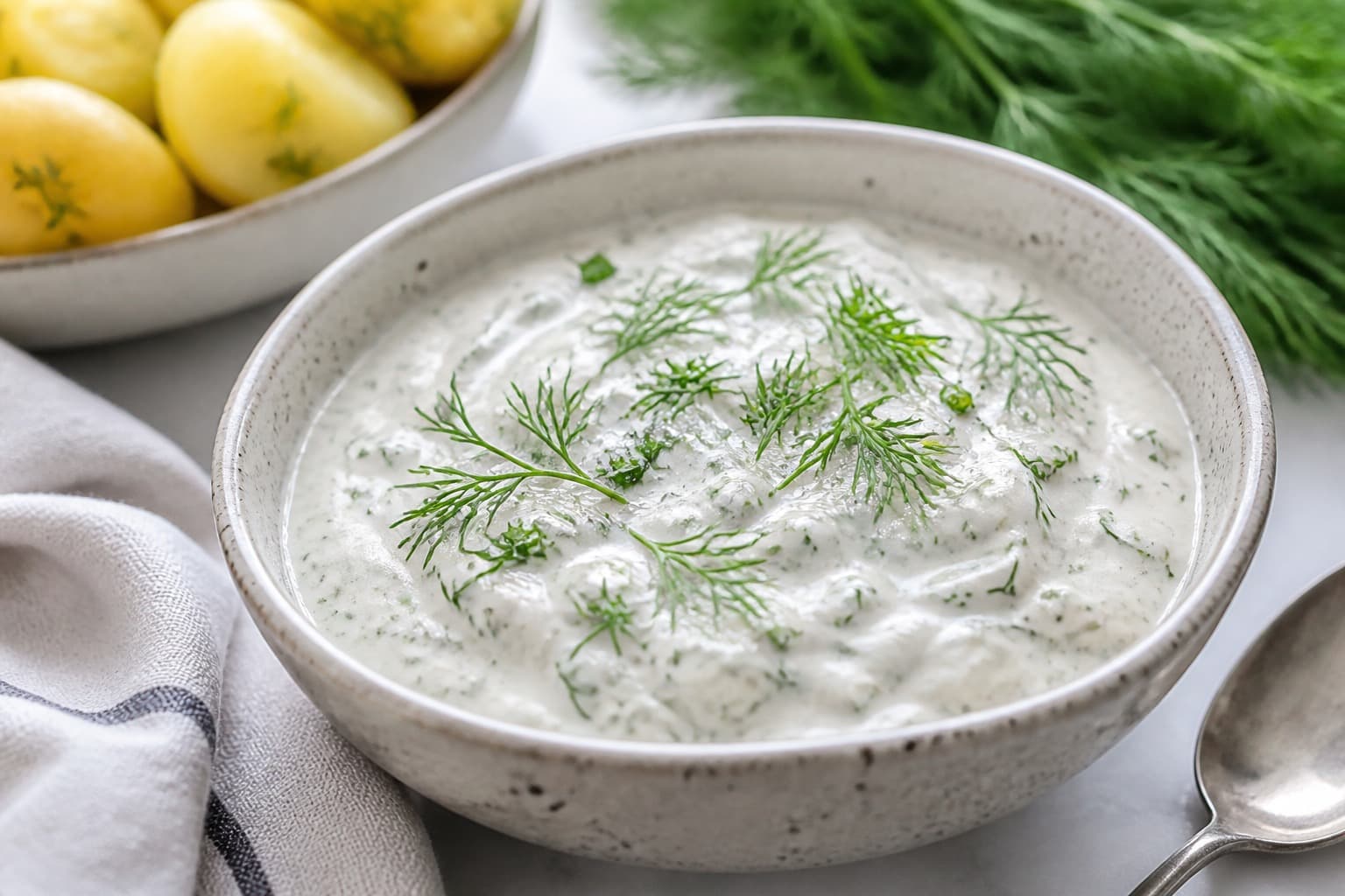 Skål med cremet dilddressing og frisk dild