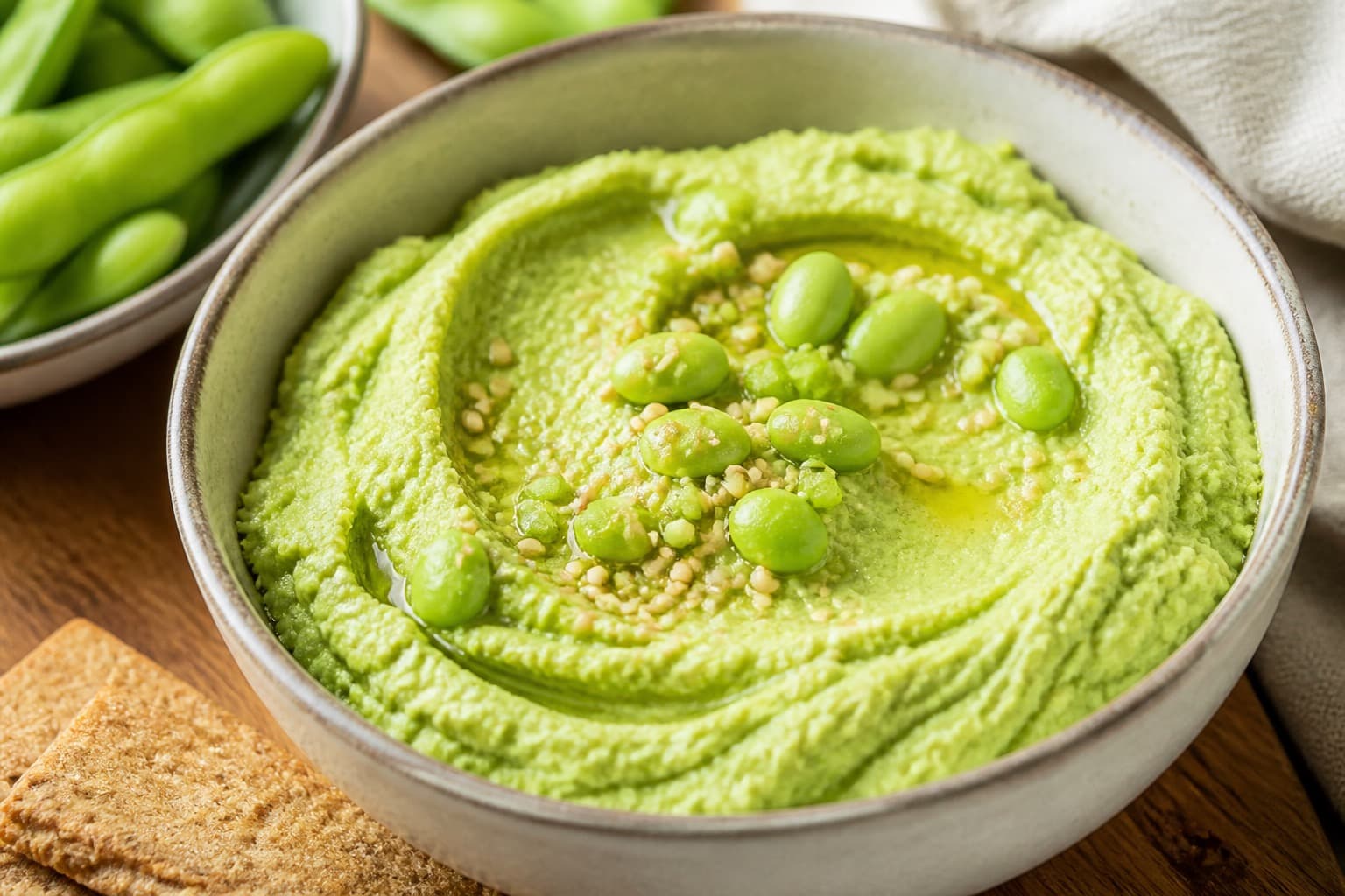 Skål med grøn edamame-hummus