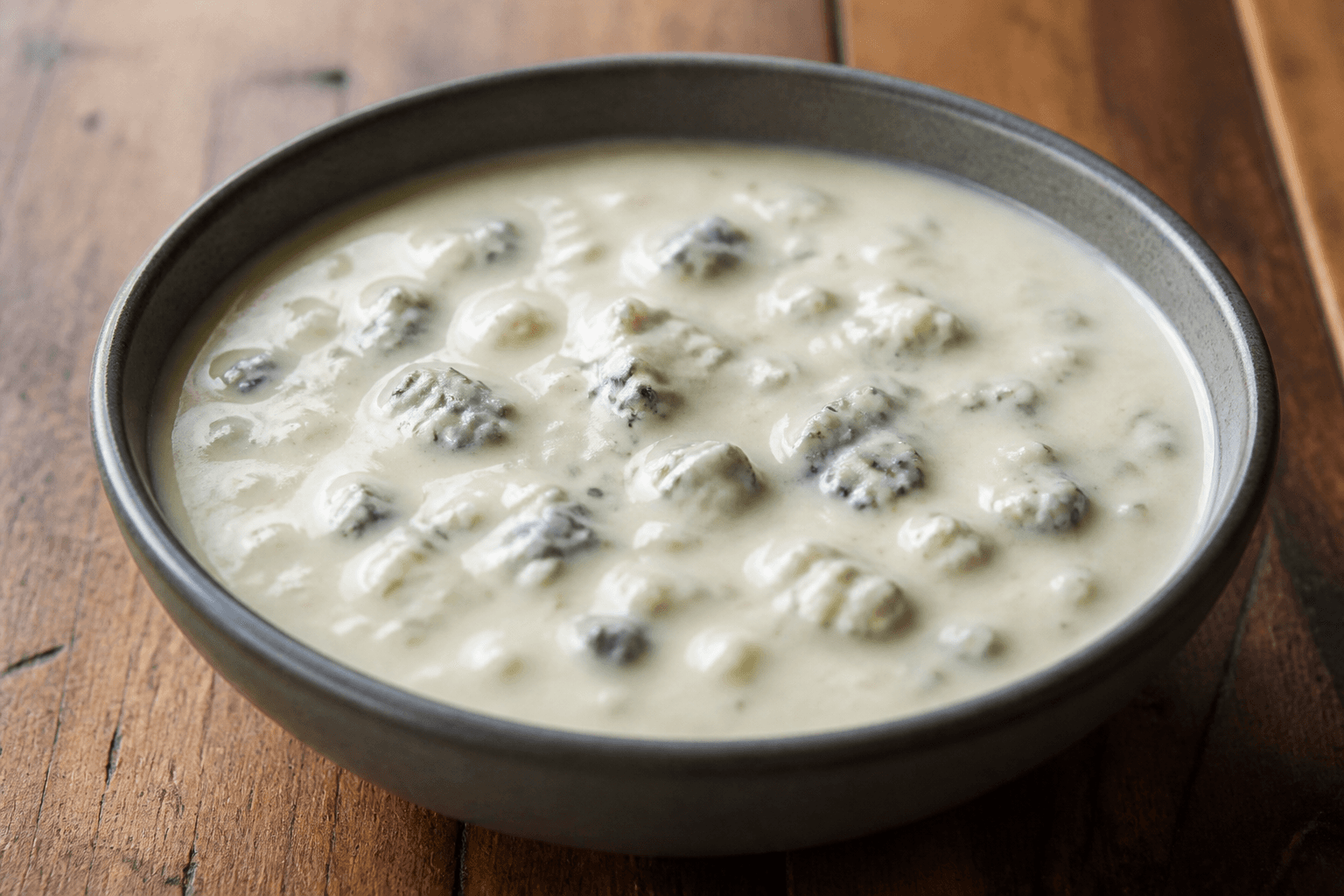 Cremet gorgonzolasovs i skål med blåskimmel