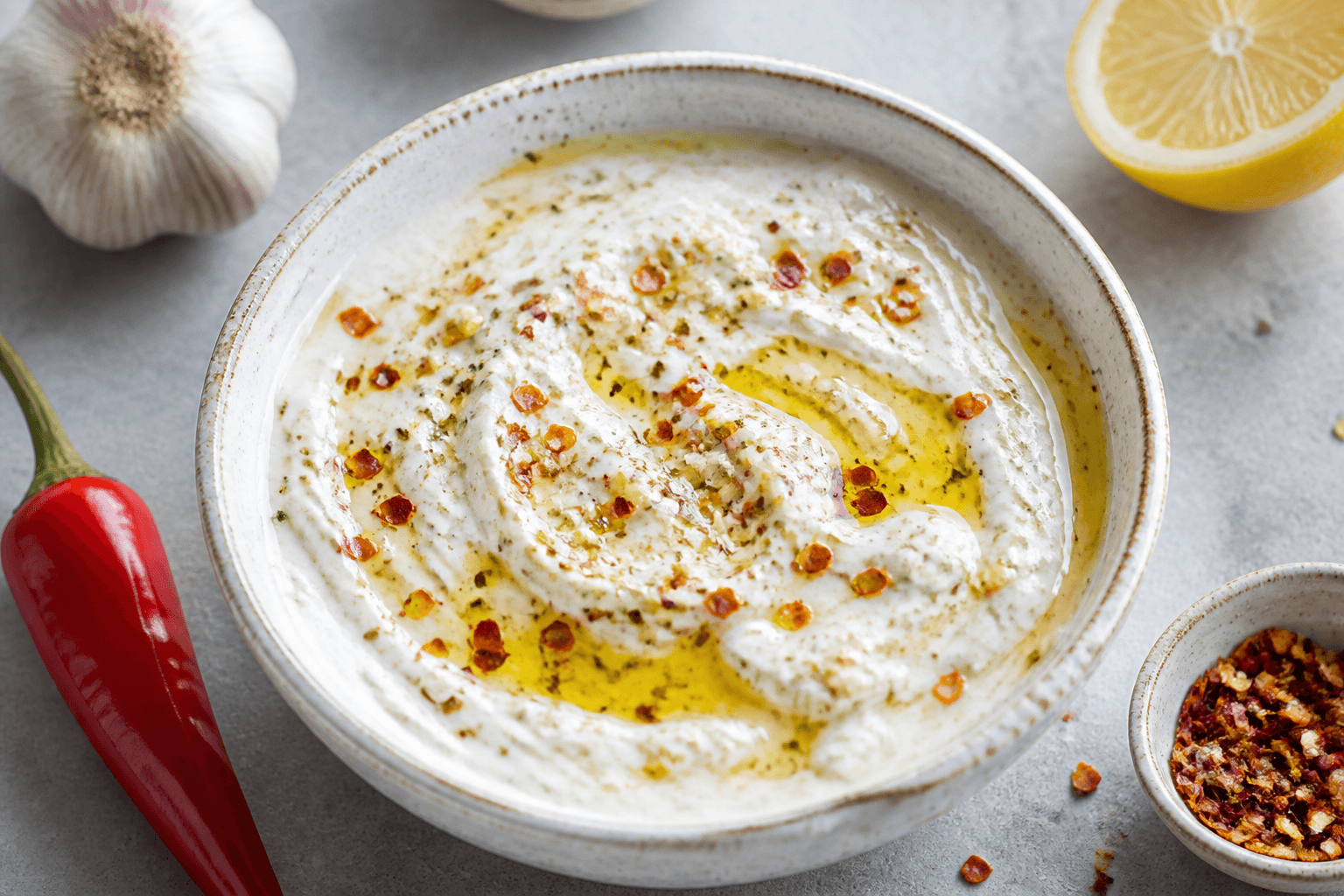Skål med tyk græsk yoghurtmarinade, hvidløg og chili