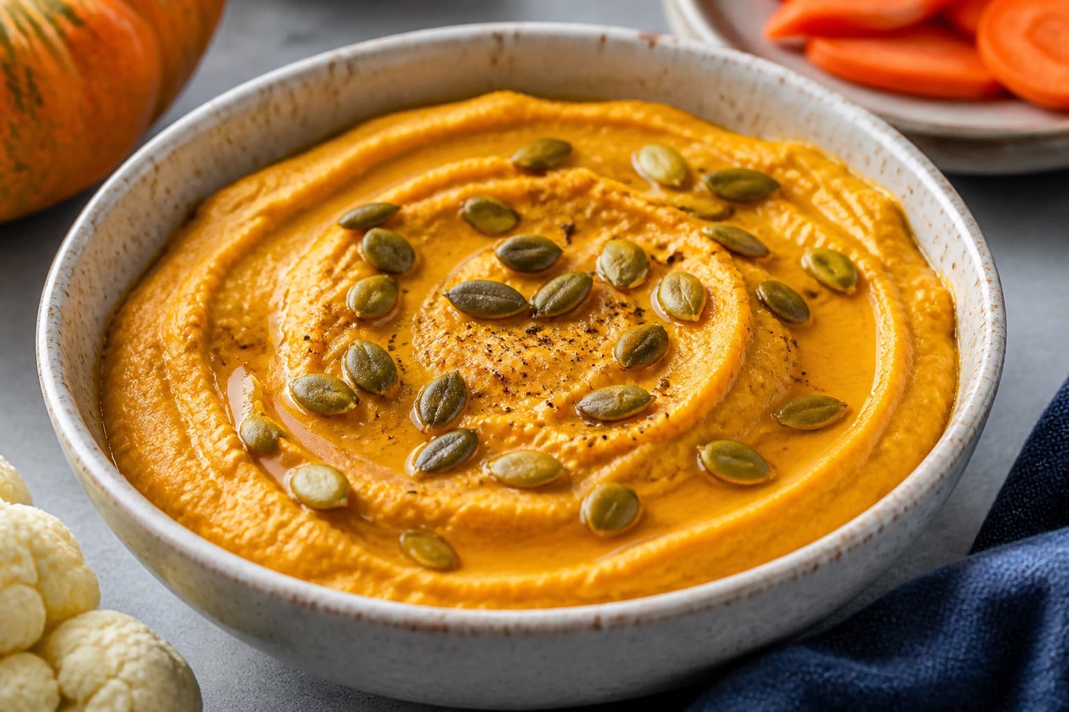 Skål med orange græskarhummus