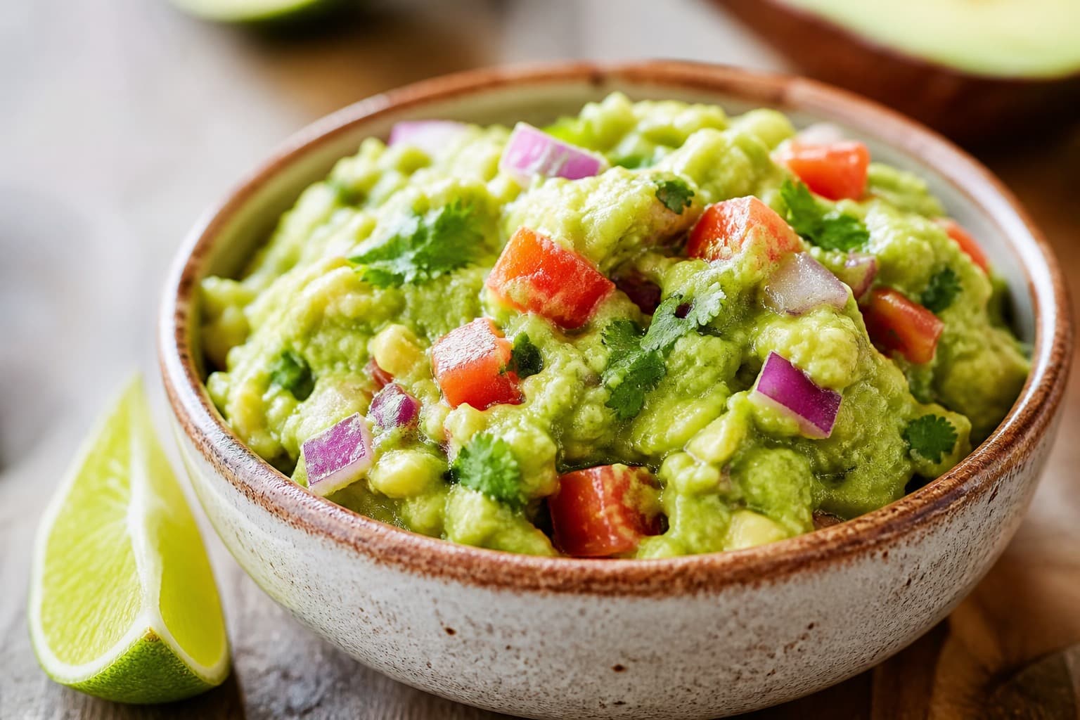 Skål med groft moset guacamole med tomat og koriander