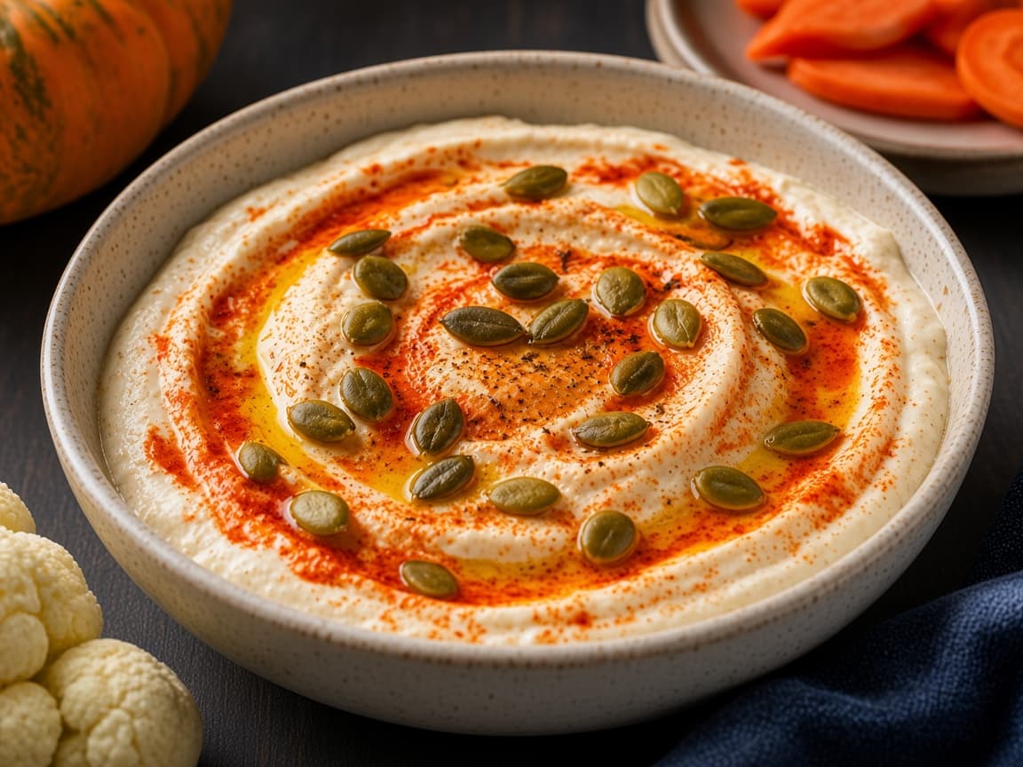 Rød harissa-yoghurtdip i skål med olivenolie