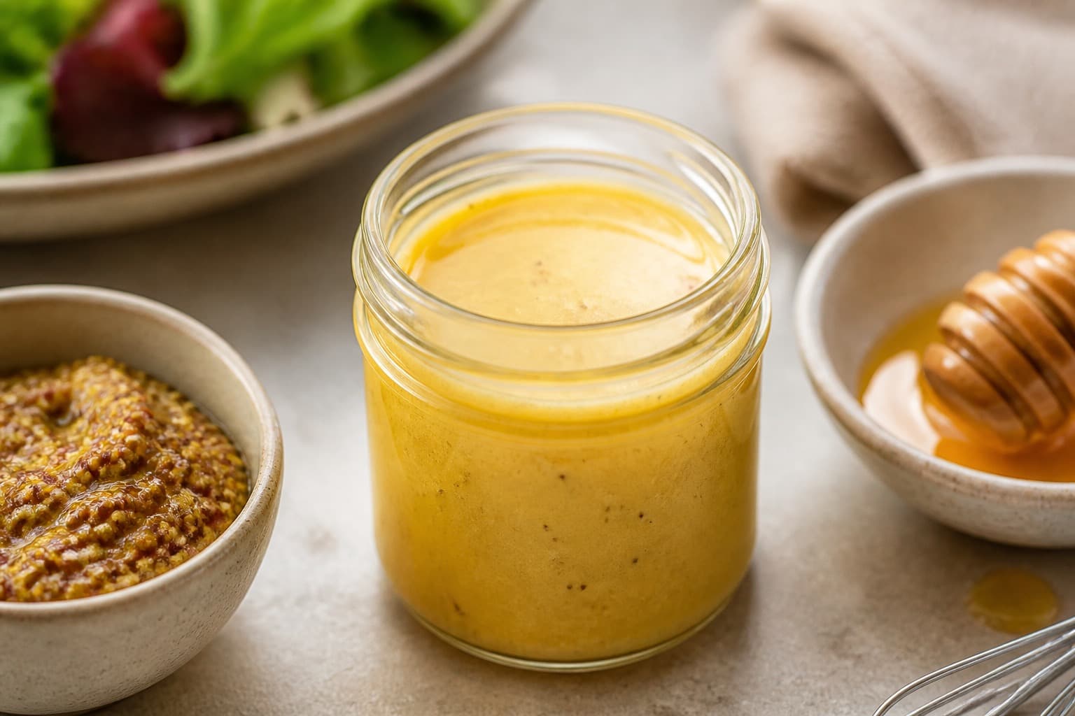 Glas med honning-sennep dressing og sennepskrukke