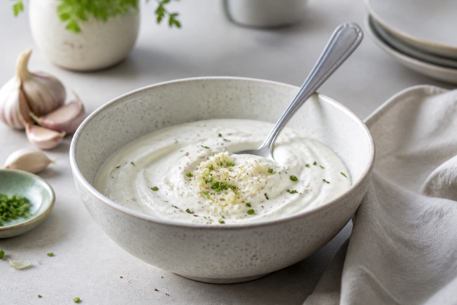 Skål med cremet hvidløgsdressing