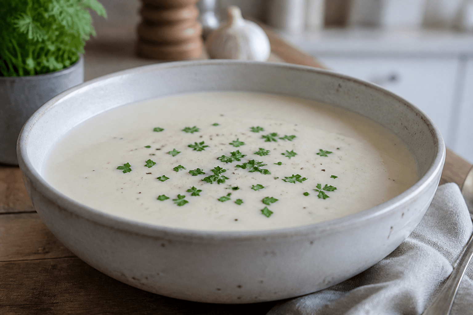 Cremet hvidvinssauce i skål med frisk persille