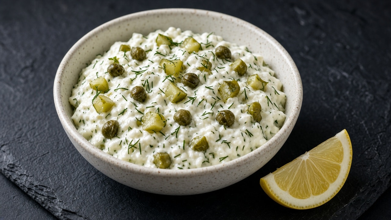 Tyk hytteost-tartarsauce med cornichoner og dild