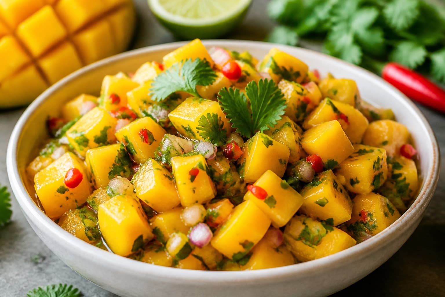 Skål med frisk mango-chili salsa med koriander