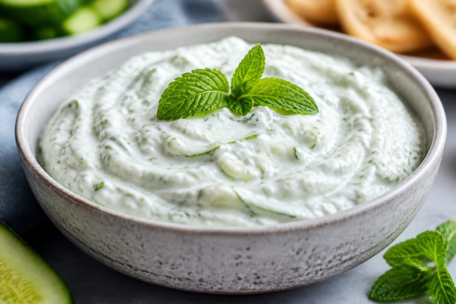 Skål med mynte-tzatziki toppet med frisk mynte