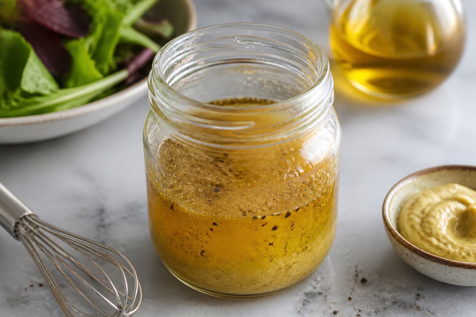 Glas med vinaigrette og dijonsennep