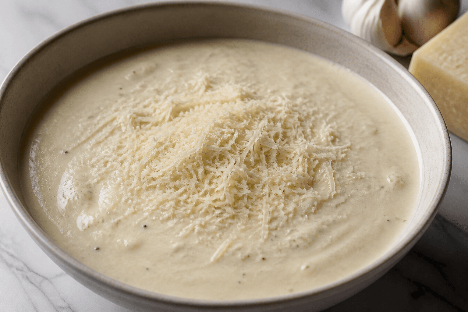Cremet parmesansovs med hvidløg i skål