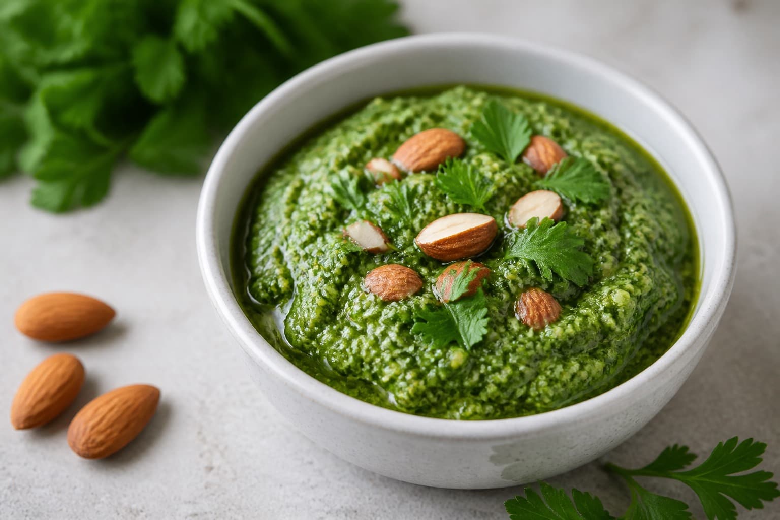 Skål med grøn persillepesto og mandler