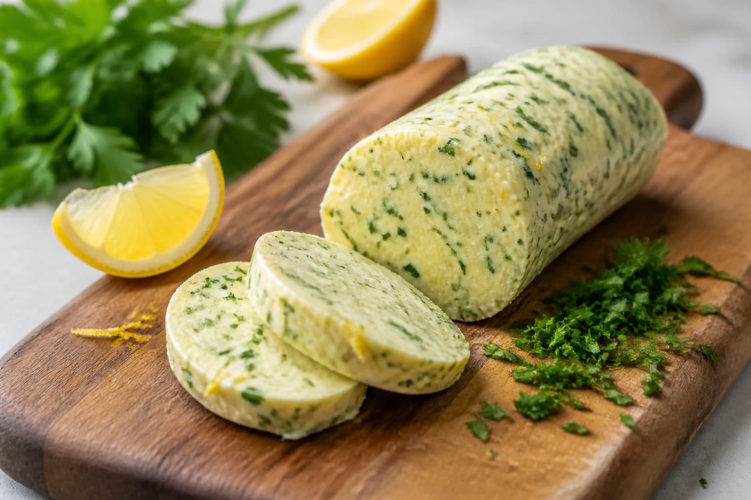 Grønt persillesmør med citronskal på bræt