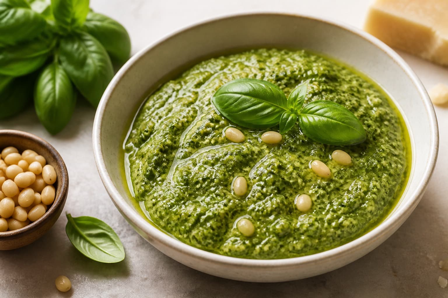 Skål med grøn pesto genovese og frisk basilikum