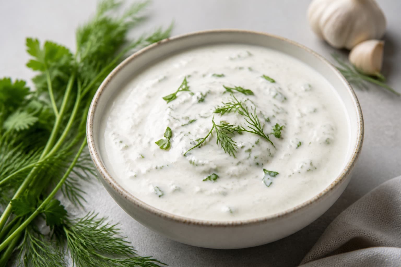 Skål med ranch dressing og friske krydderurter