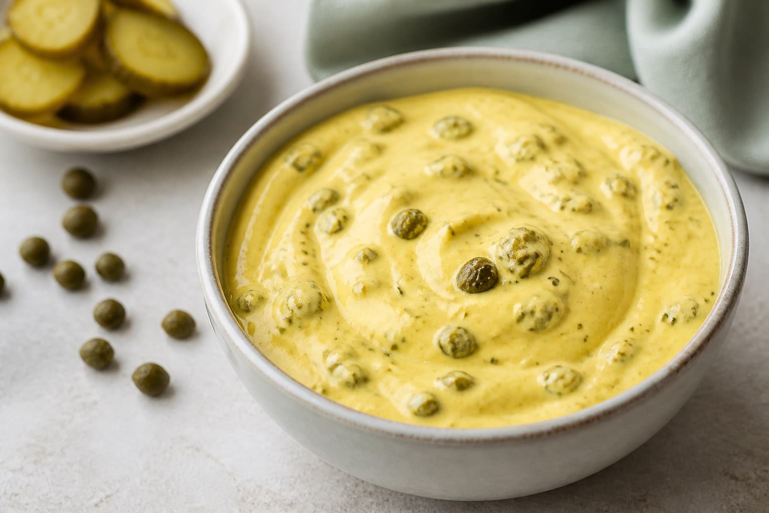 Skål med gul remouladesauce med kapers og agurk