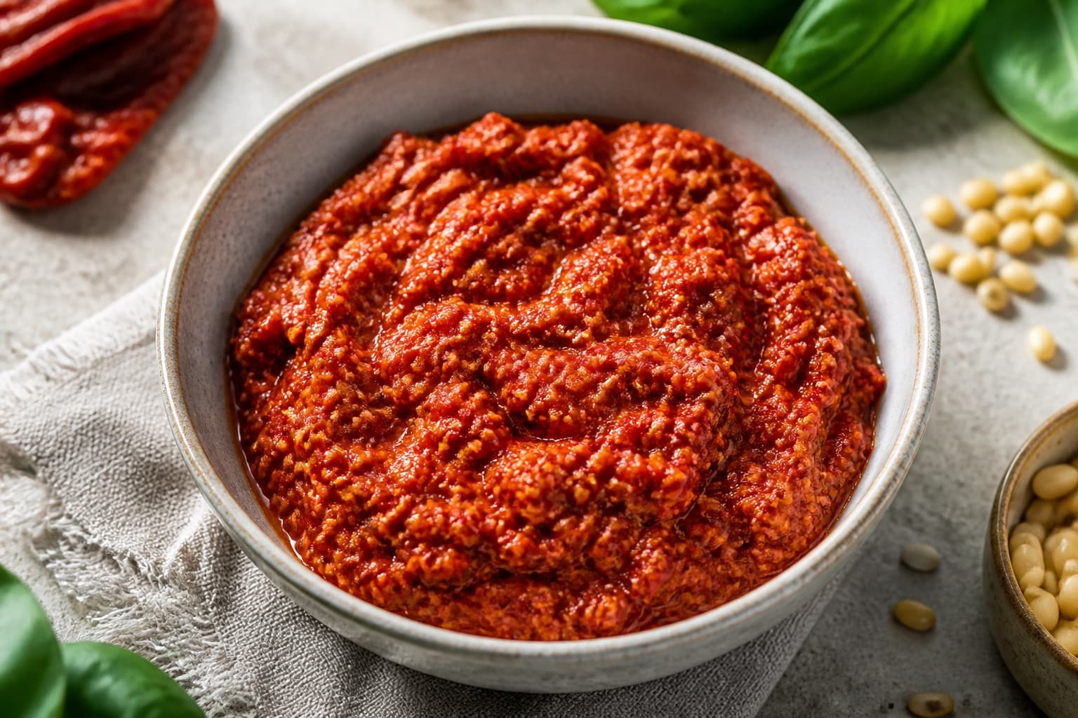 Skål med rød soltørret tomatpesto