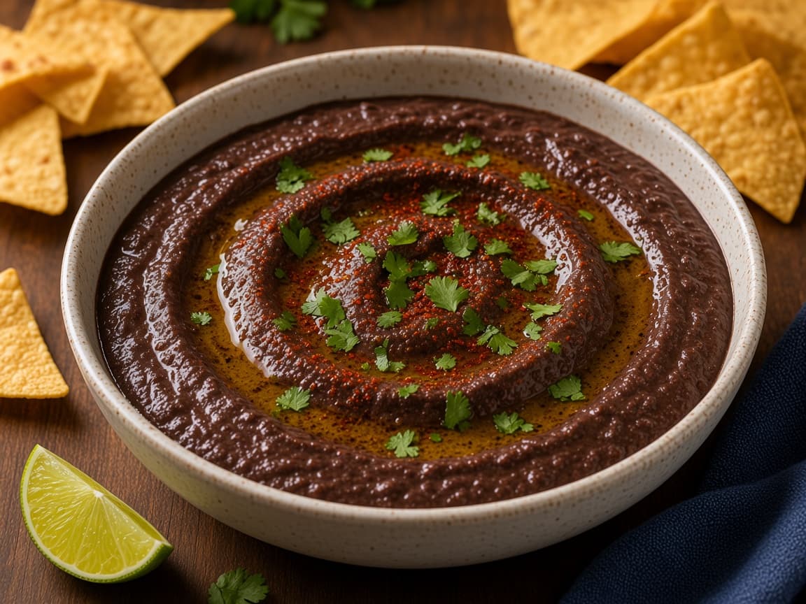 Sort bønne-dip i skål med nachos