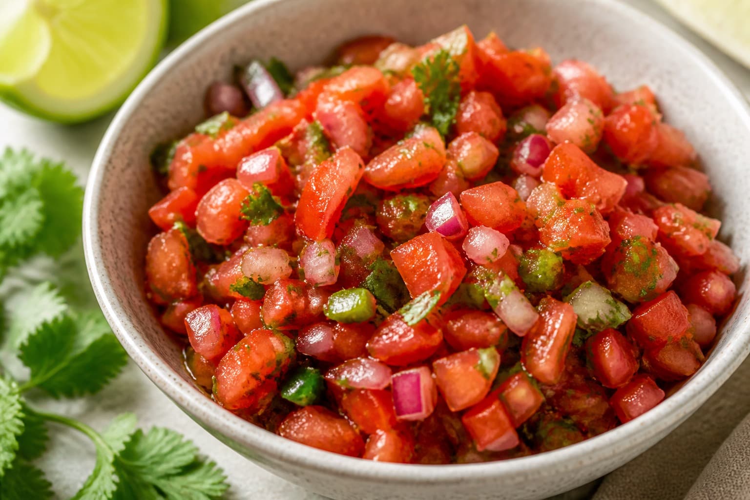 Skål med friskhakket tomatsalsa med koriander