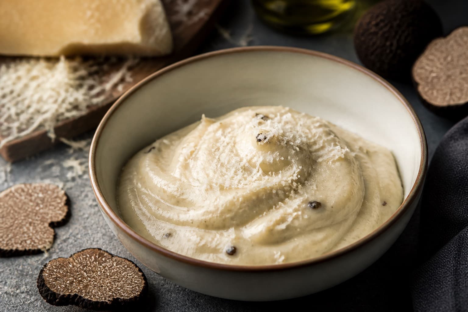 Skål med trøffelmayo drysset med parmesan