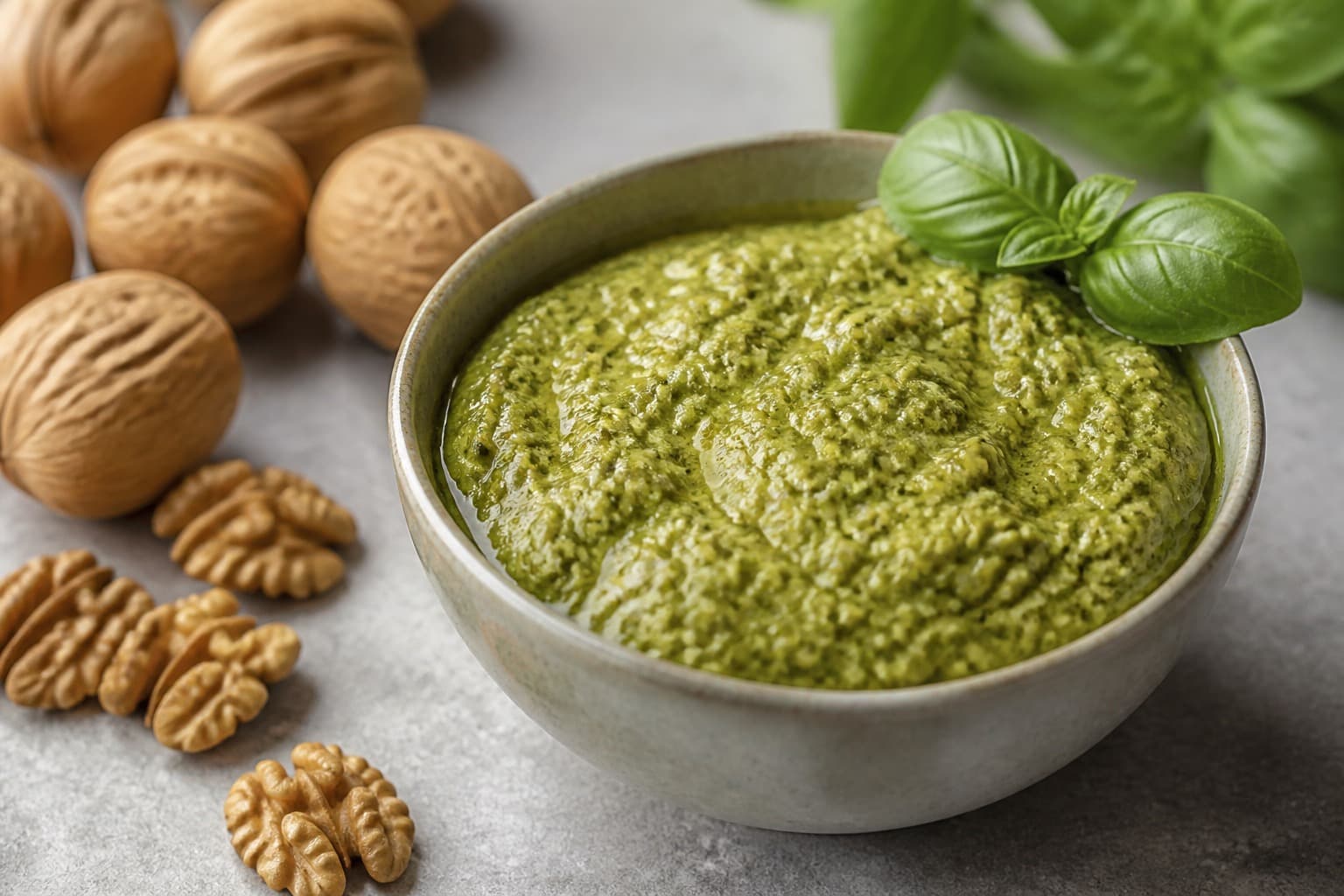 Skål med valnøddepesto og hele valnødder