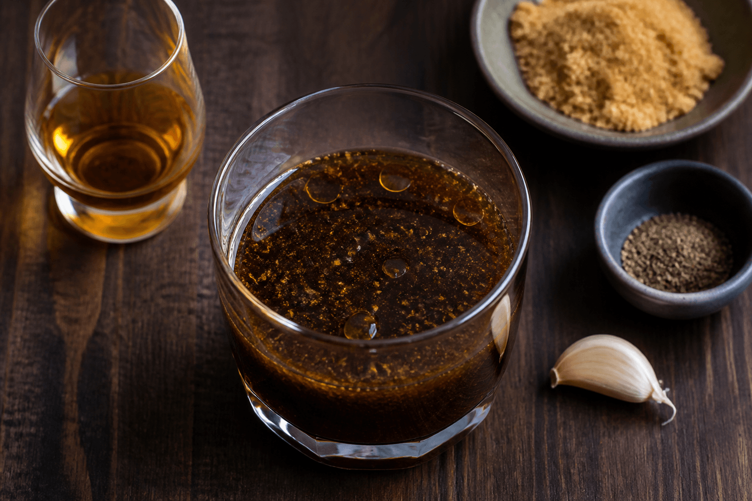 Glas med whisky-soya-marinade, brun farin og peber