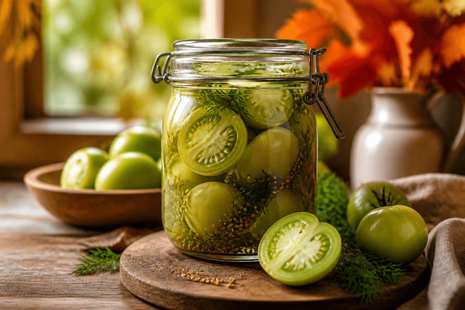 Fermenterede grønne tomater i glas med dild