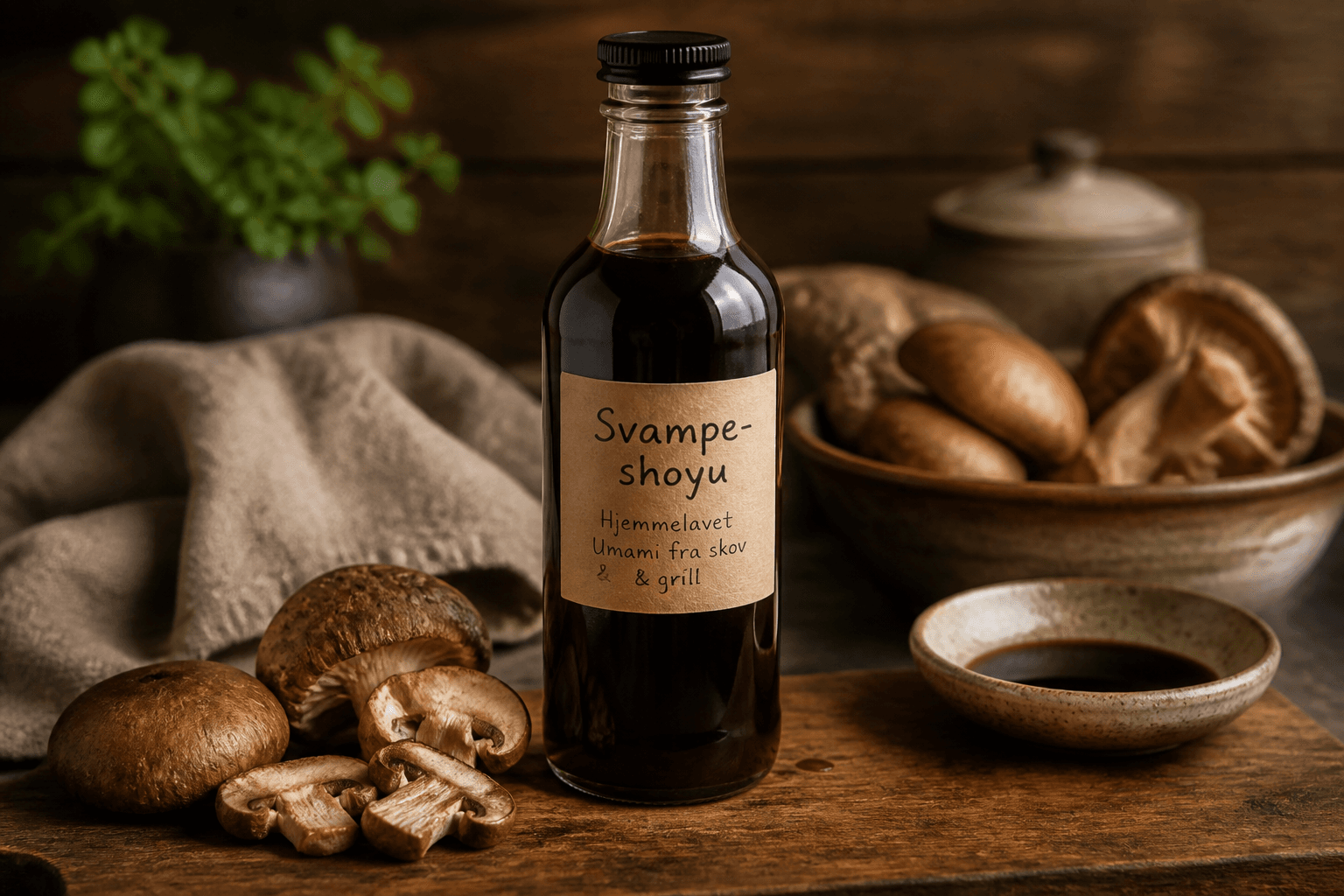 Hjemmelavet svampe-shoyu i flaske